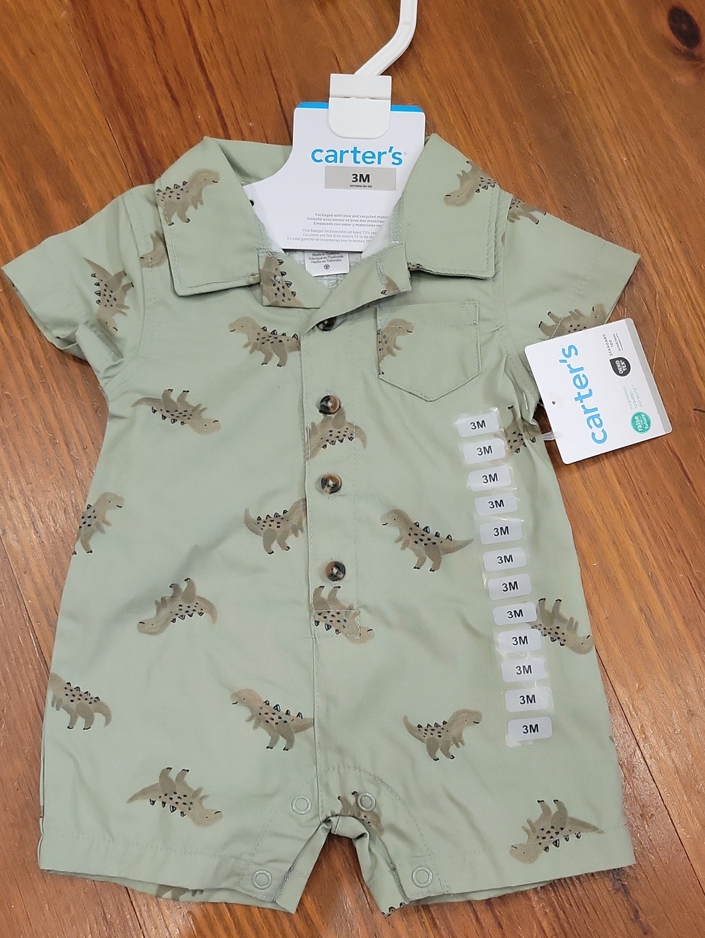 Carter's Light Sage Green Dino Print Short Romper